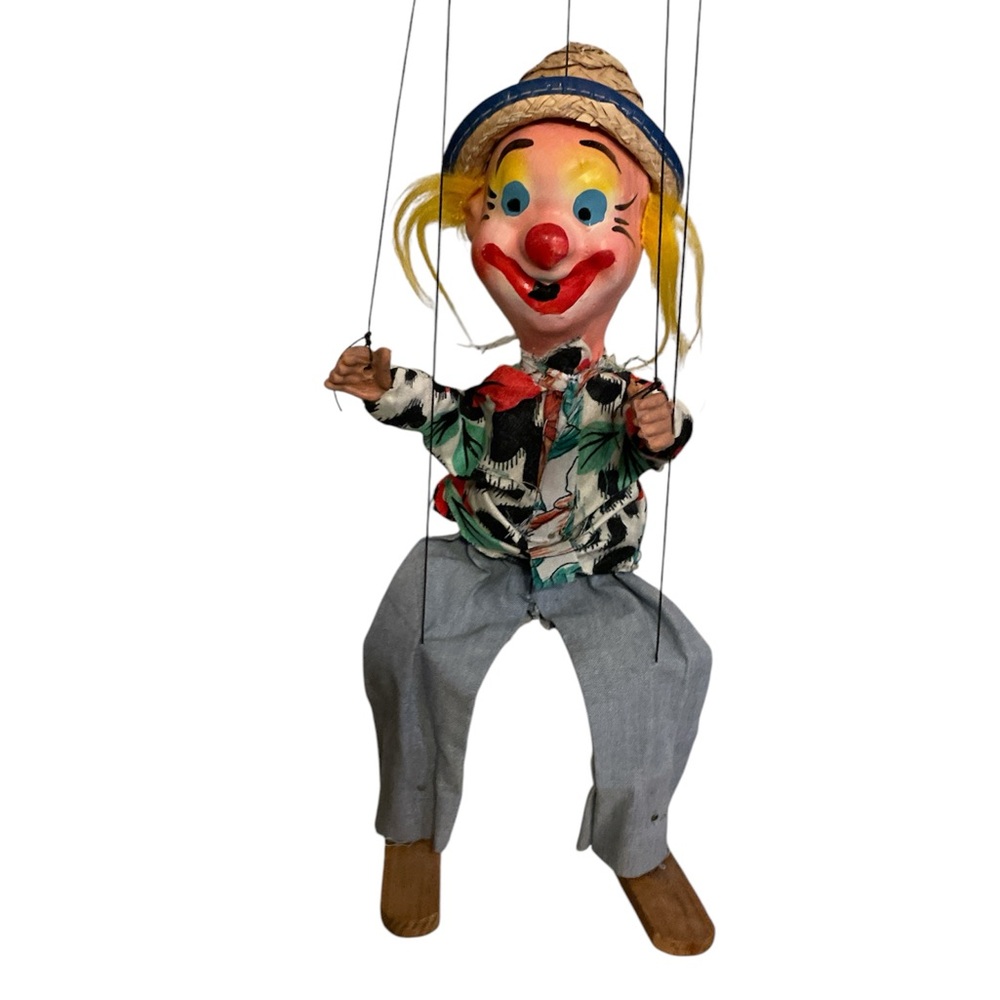 Vintage Hand Painted Plaster & Wood Clown Marionette Doll, Blonde Hair, Straw Ha